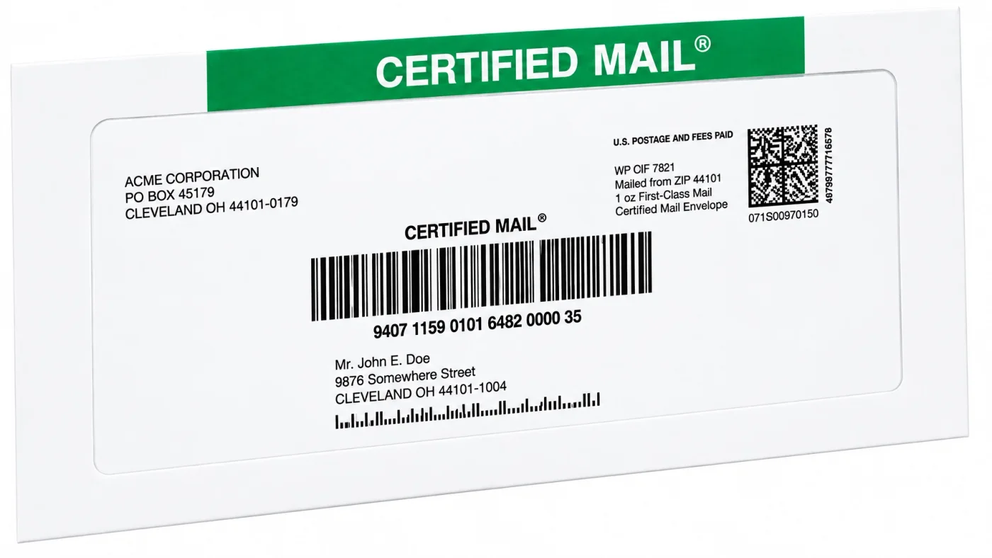 White #10 Certified Mail envelope with green Certified Mail band, barcode, postage indicia, QR code and recipient address