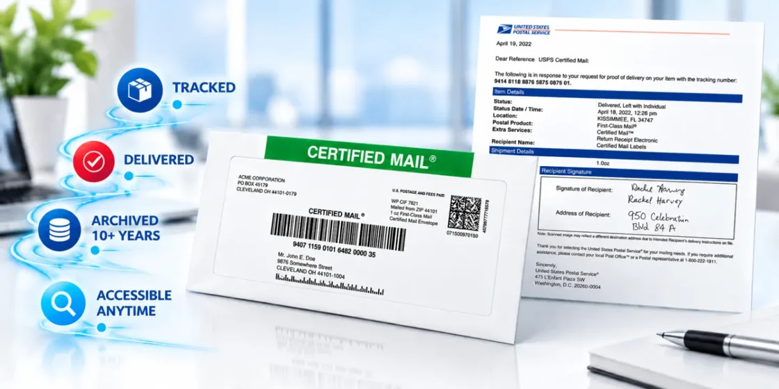 USPS Certified Mail envelope with proof of delivery, tracking, and archival records