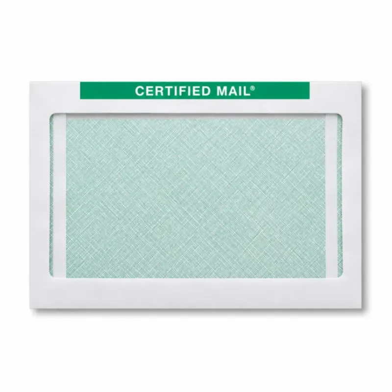 Certified Mail Envelope, Booklet 6x9 with green Certified Mail band