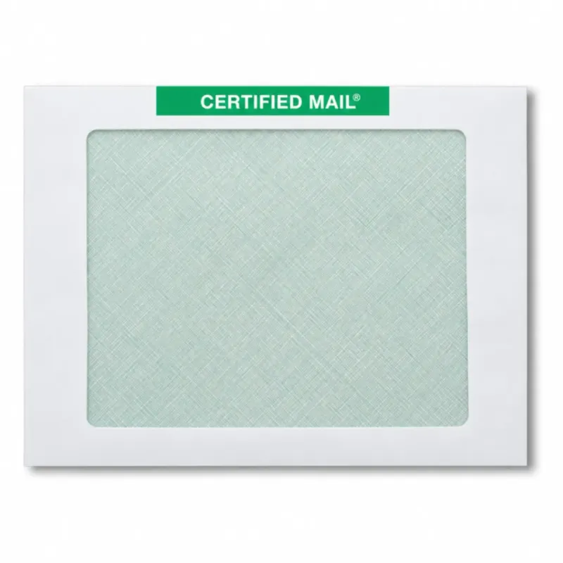Certified Mail Envelope, Flat 9x12 with green Certified Mail band